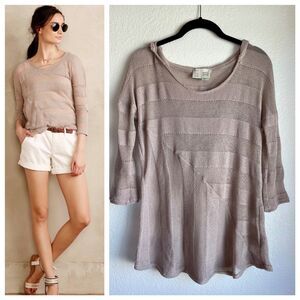 Anthropologie Saturday Sunday Sheer Striped Hooded Knit Sweater in Taupe Size M